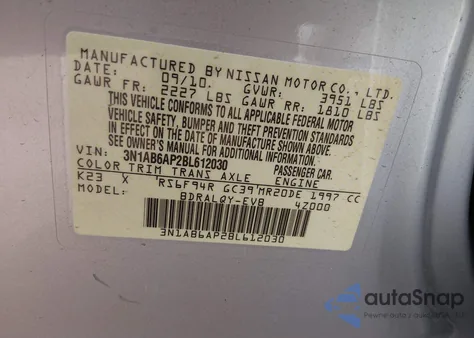 2011 Nissan Sentra 2.0 z USA, uszkodzony, nr VIN 3N1AB6AP2BL612030